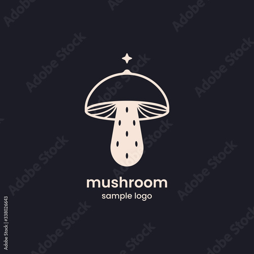 Mushroom logo shop vector. Fungi medicine agriculture outline symbol design on a black background.