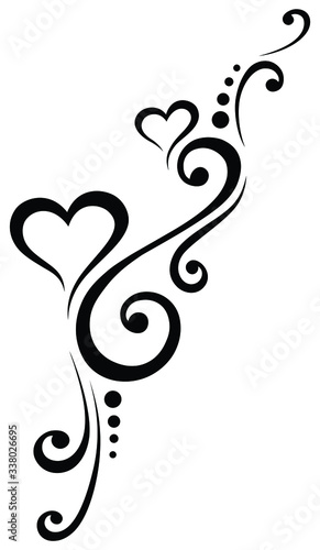 Black and white wedding card decoration with curly lines and two hearts