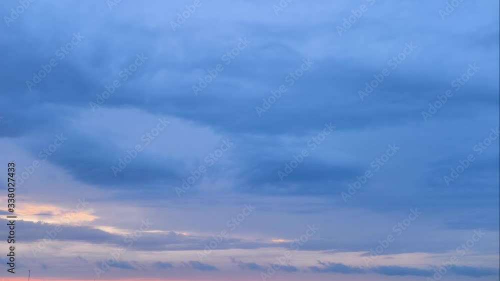 Aerial time lapse of blue veil of clouds moving over horizon in twilight zone. Sunset from the top of the hill in 4k Aerial time lapse of blue veil of clouds moving over horizon in twilight zone. Sunset from the top of the hill in 4k