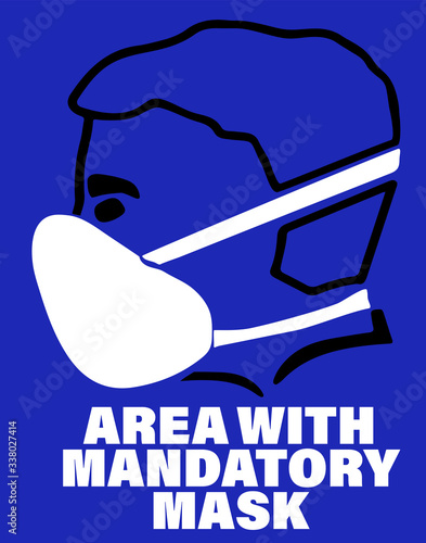 map or banner "area with mandatory mask wearing" drawing of a man in black wearing a white mask on a blue background