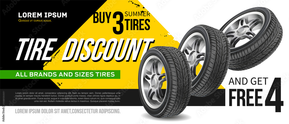 Discount. Tire advertisement poster. Black rubber tire. Realistic vector shining disk car wheel. Information. Store. Action.Landscape poster, digital banner, flyer, booklet, brochure and web design.