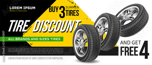 Discount. Tire advertisement poster. Black rubber tire. Realistic vector shining disk car wheel. Information. Store. Action.Landscape poster, digital banner, flyer, booklet, brochure and web design.