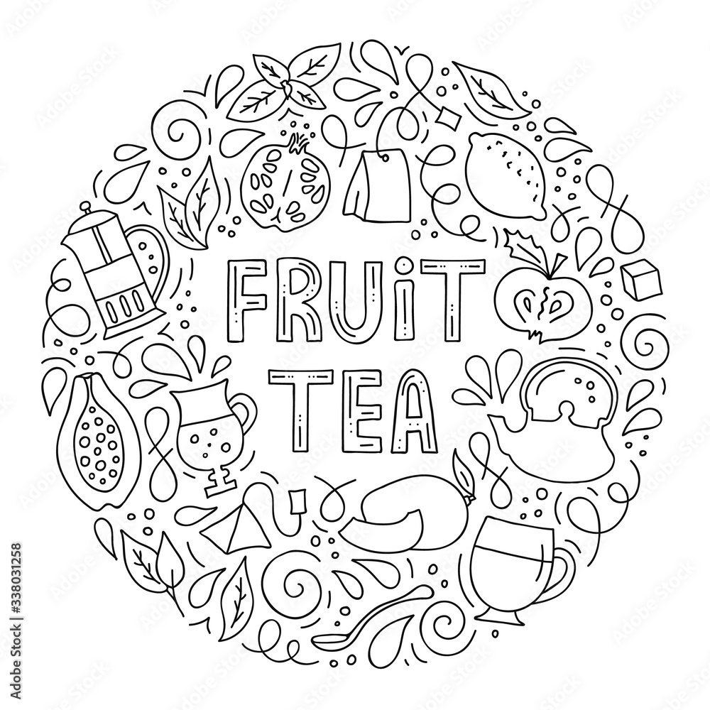 Fruit tea. Round frame with lettering and tea symbols in outline style. Composition with abstract hand drawn elements. Doodle style. Template for cafe menu, packaging or signboard.
