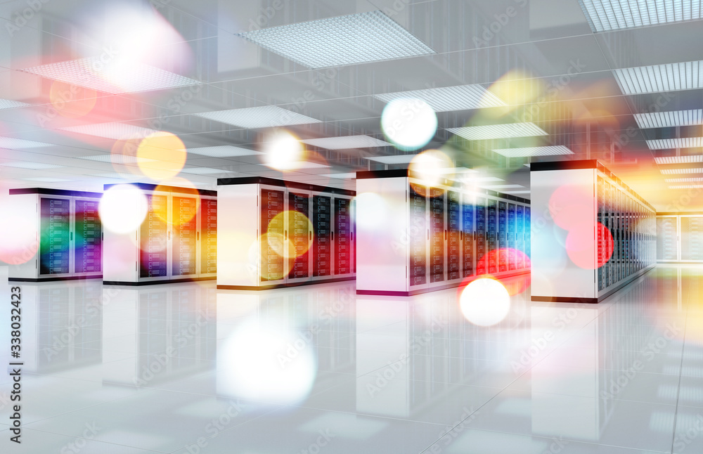 Servers data center room with bright bokeh light going through the corridor 3D rendering Servers data center room with bright bokeh light going through the corridor 3D rendering