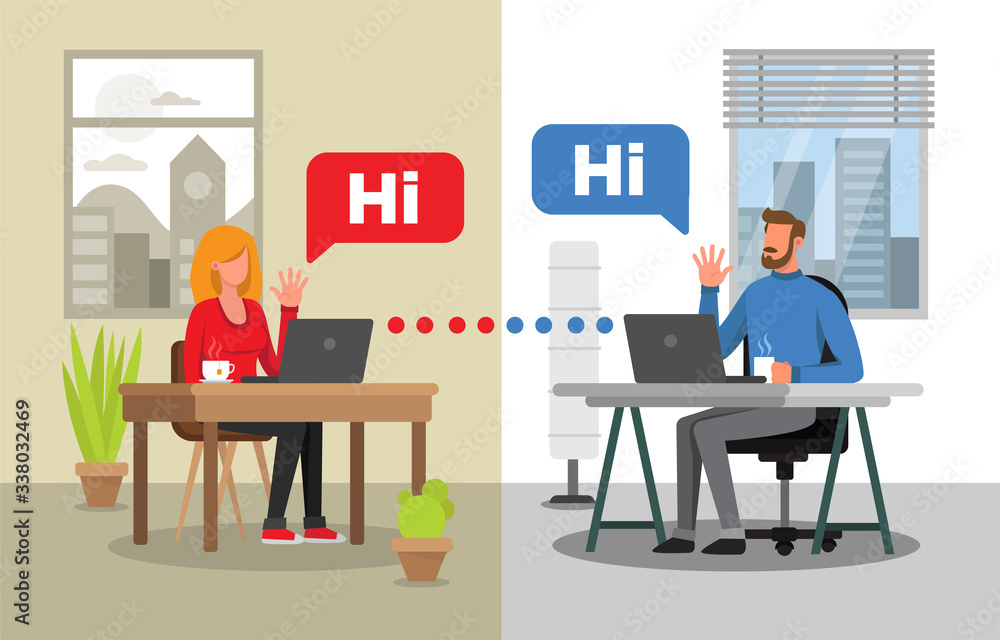 Man and woman communicating by video conference. Two different backgrounds for each character. Virtual meeting. Man and woman communicating by video conference. Two different backgrounds for each character. Virtual meeting.