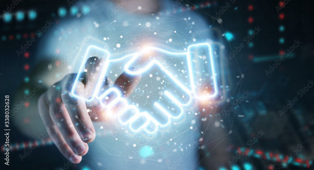 Man using partnership neon blue interface 3D rendering Man using partnership neon blue interface 3D rendering