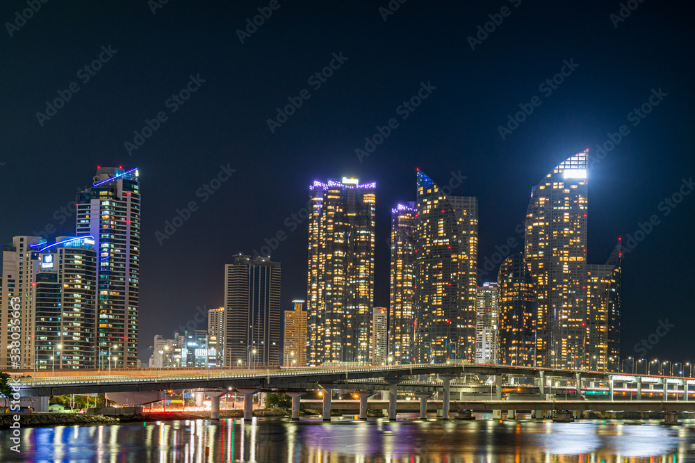 The night view of skyscraper in Haeundae and Gwangan Bridge, Busan, South Korea