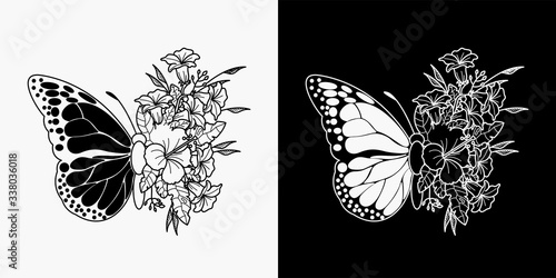 butterfly and flower tattoos, illustration of merging butterflies and flowers, monoline design