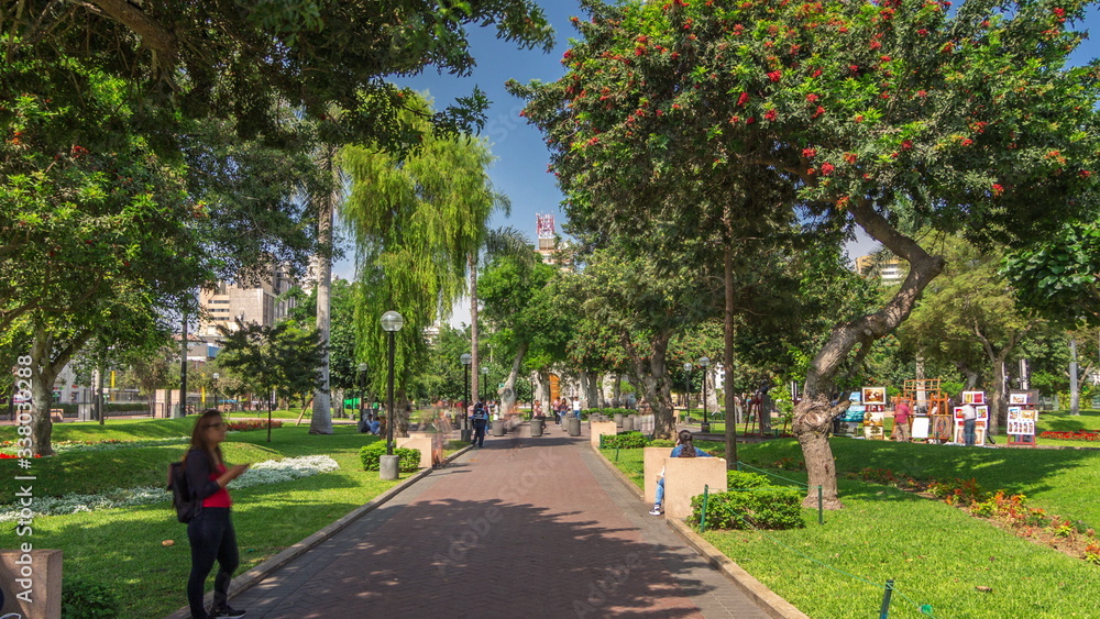 Miraflores central park timelapse hyperlapse Place for relax with green trees and lawn in Peruvian capital. Lima, Peru