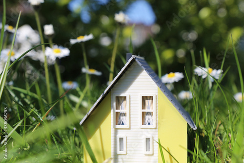 Modelhaus in einer saftigen Wiese mit Gänseblümchen als Symbol für den Wunsch nach einem Eigenheim im Grünen
