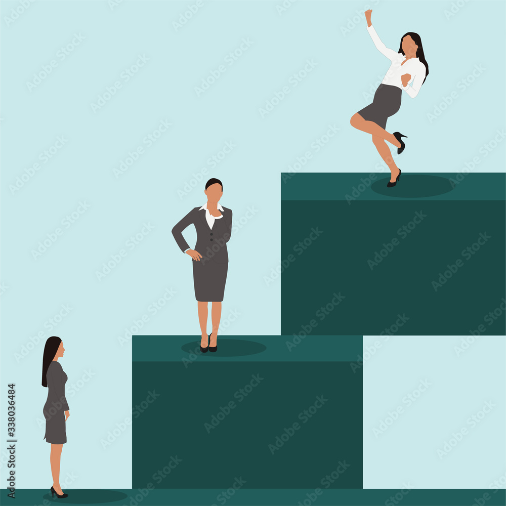 Ambition vector concept with businesswomen. Success, achievment, motivation business symbol. Isolated on a blue background. Ambition vector concept with businesswomen. Success, achievment, motivation business symbol. Isolated on a blue background.