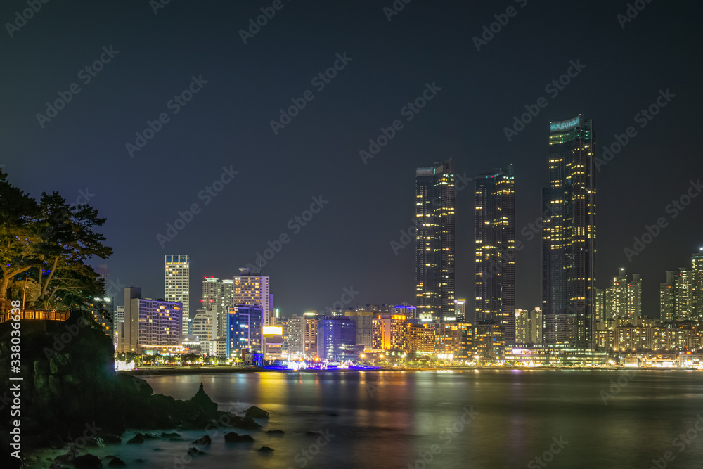 The night view of Haeundae Beach and skyscraper in Busan, Korea The night view of Haeundae Beach and skyscraper in Busan, Korea