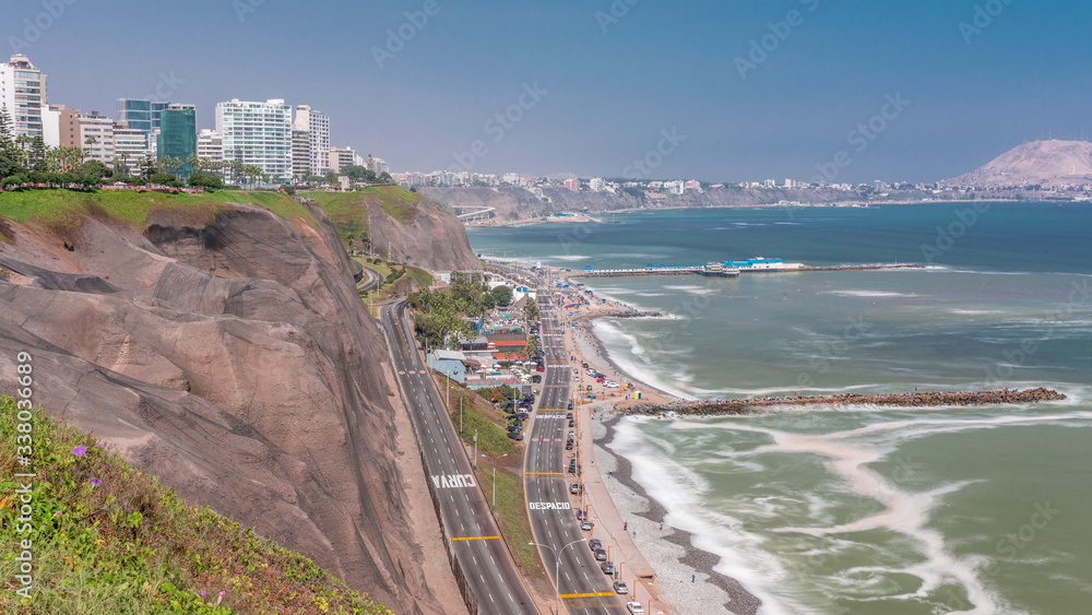 Aerial view of Lima's Coastline in the neighborhood of Miraflores timelapse, Lima, Peru
