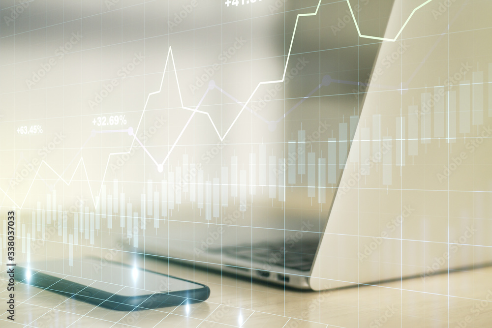 Multi exposure of abstract creative financial chart on computer background, research and analytics concept Multi exposure of abstract creative financial chart on computer background, research and analytics concept
