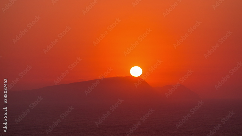 Aerial view of the Pacific ocean during sunset timelapse from Miraflores, Lima