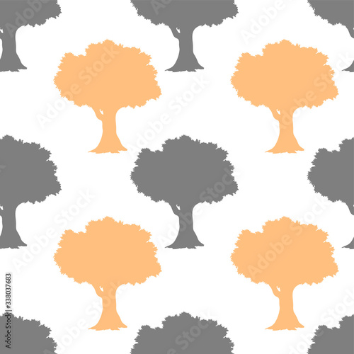 Seamless pattern with a tree of orange and blue color. Simple linear image. Vector illustration on a white background.