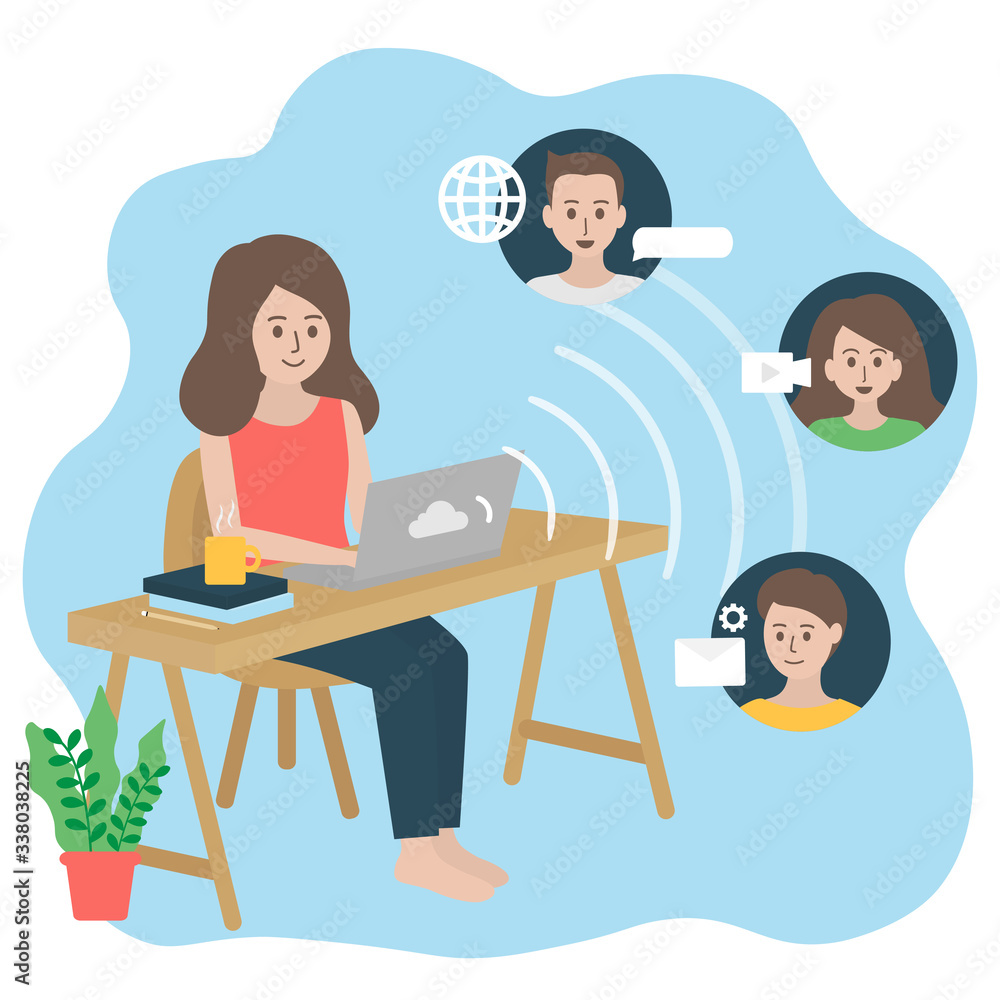Freelance woman working from home, connecting online and talking to colleagues with laptop computer. Video conference, online communication and business concept. Cute cartoon flat illustration.