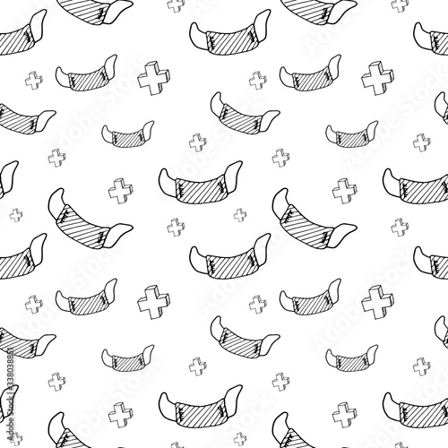 Medical masks. Healthcare doodle pattern. Hand drawn face masks on transparent backdrop. Seamless vector background © Татьяна Петрова