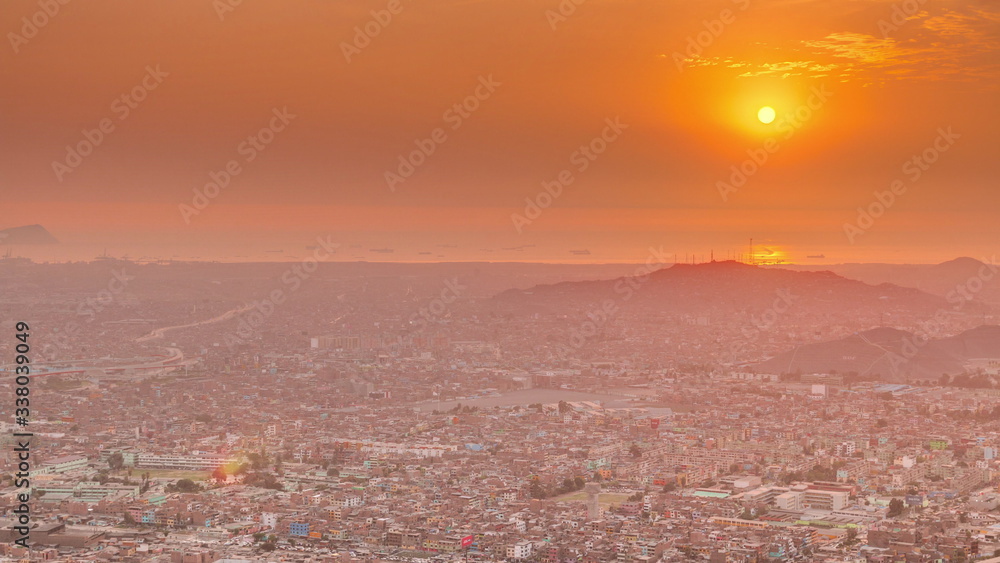 Aerial sunset view of Lima skyline timelapse from San Cristobal hill. Aerial sunset view of Lima skyline timelapse from San Cristobal hill.