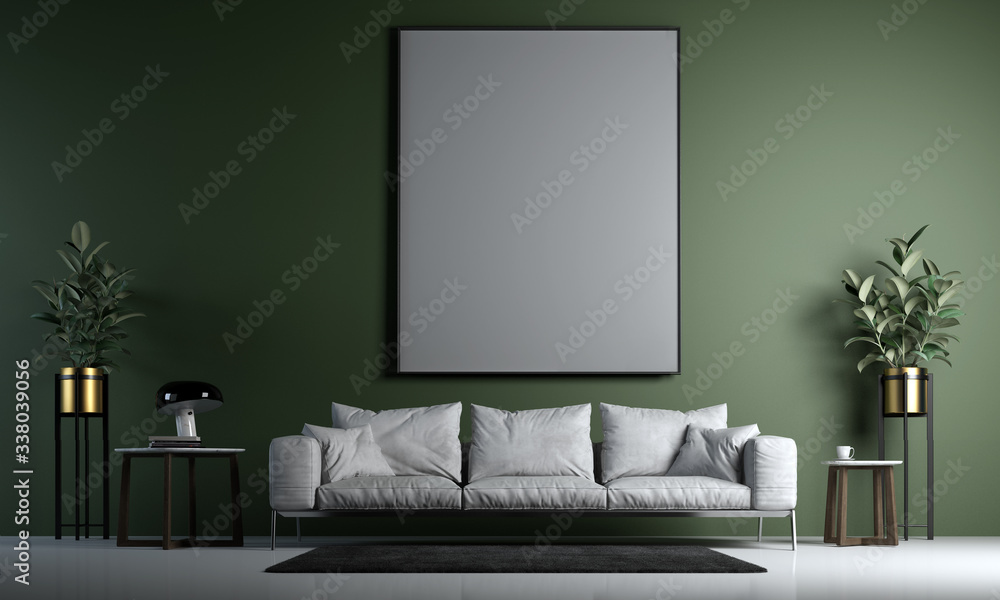 Modern interior of living room design and green wall background - obrazy, fototapety, plakaty 