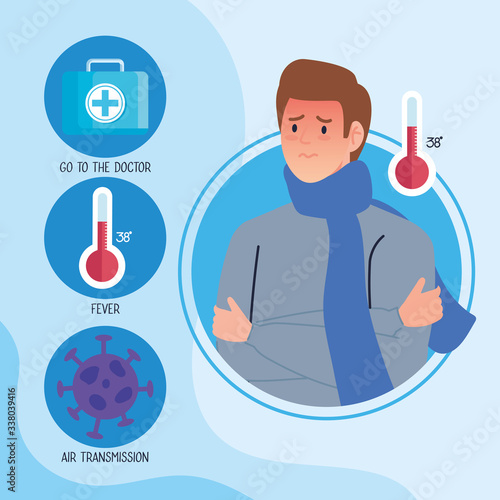 coronavirus 2019 ncov infographic and man with fever and icons vector illustration design