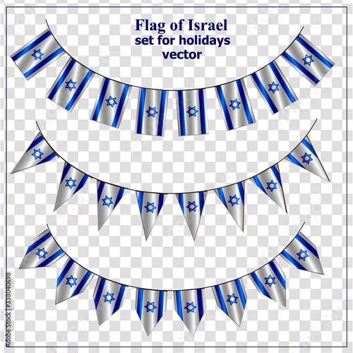 Set with flags of Israel with folds. Day of Israel collection. Bright illustration with flags. Vector.