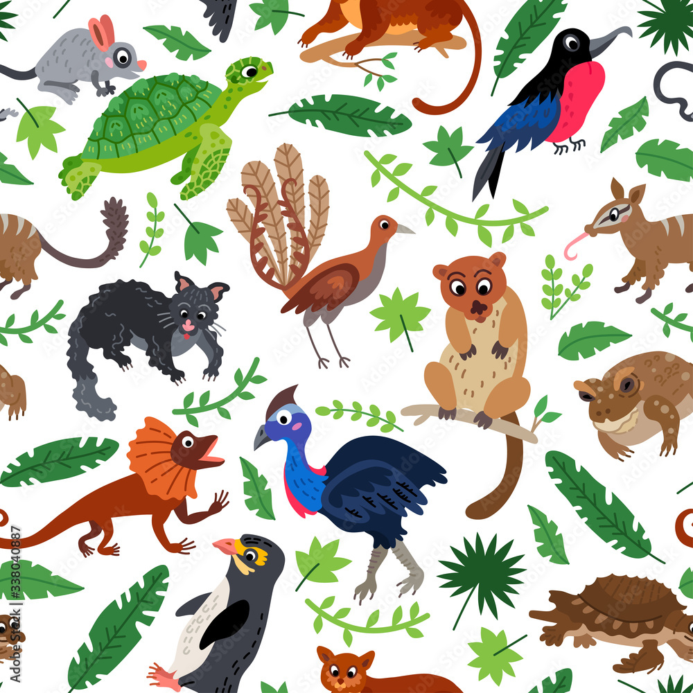 Wild Oceania animals flat style seamless pattern Wild Oceania animals flat style seamless pattern