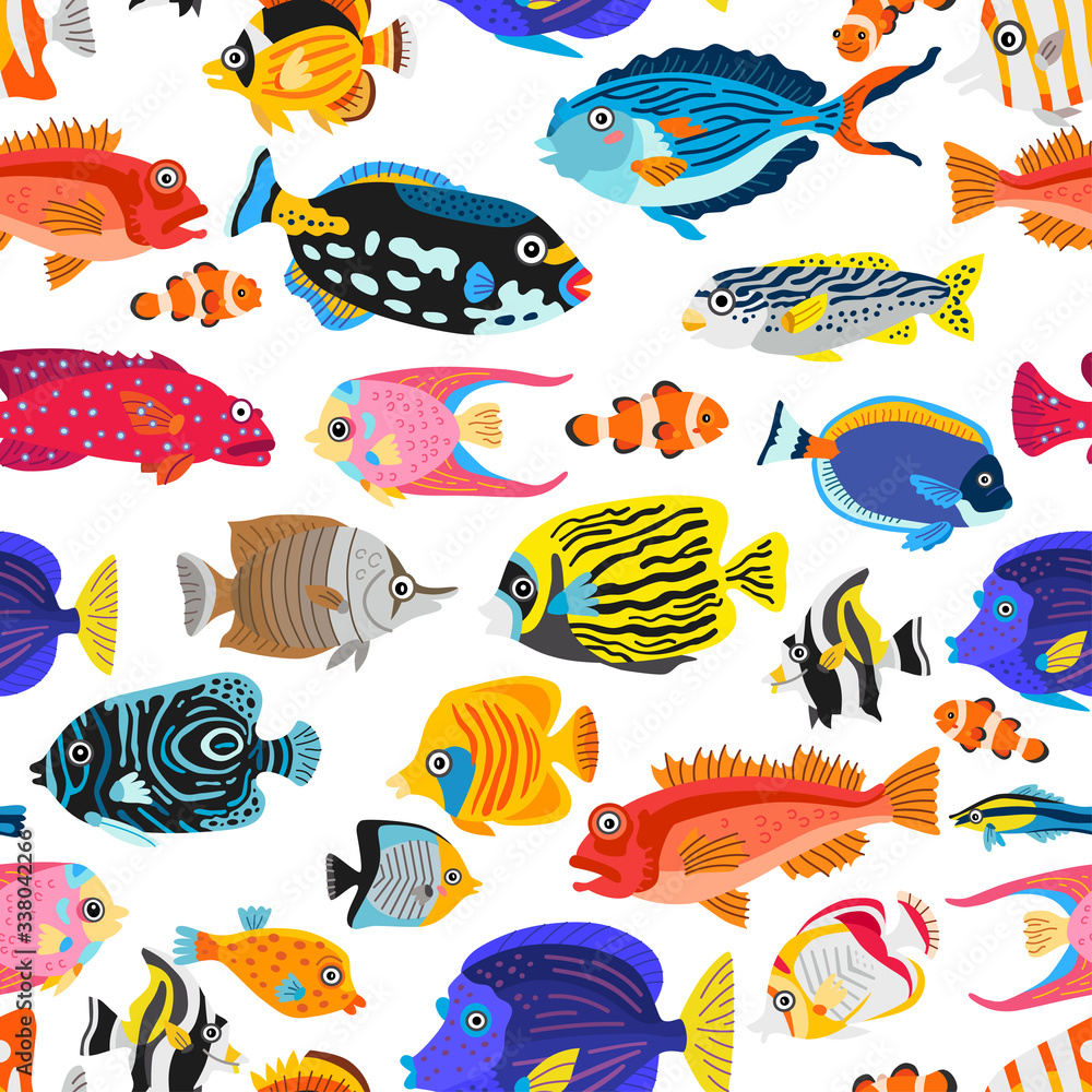 A seamless pattern with exotic tropical fishes