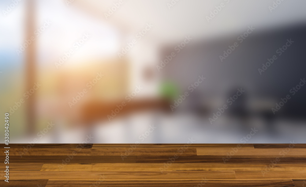 Empty interior with large window. Retro light bulb. The floor is of brown parquet.  3D rendering. wooden table. blurred background