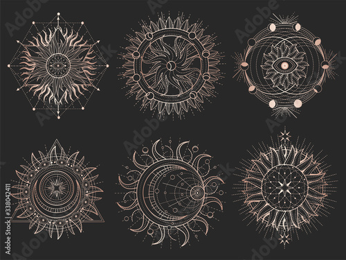 Vector set of Sacred symbols and geometry figures on black background. Gold abstract signs. 