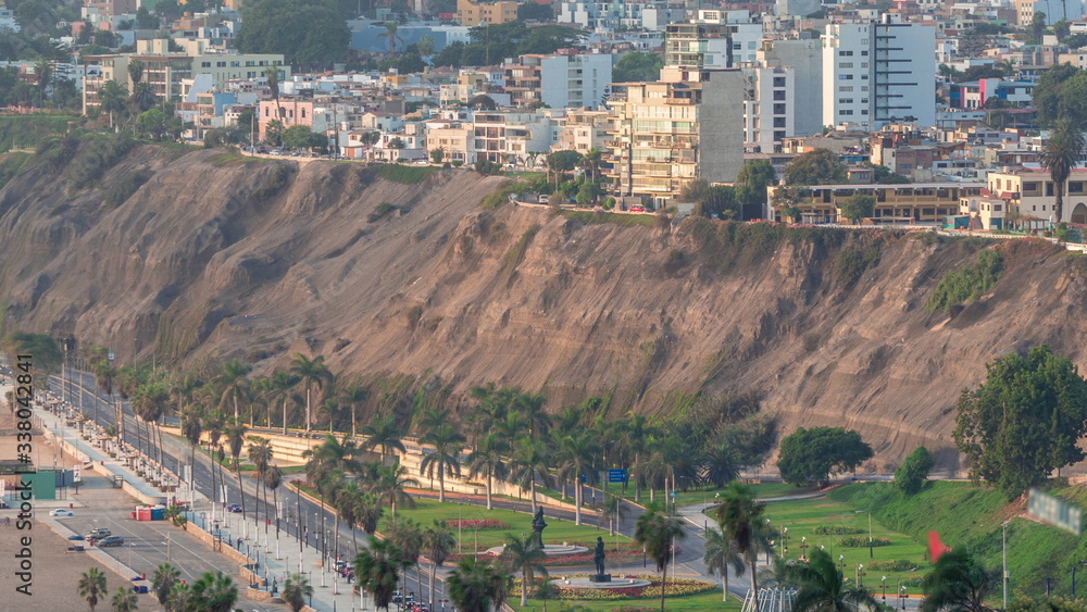 Aerial view of Lima's shoreline including the districts of Barranco and Chorrillos timelapse. Peru