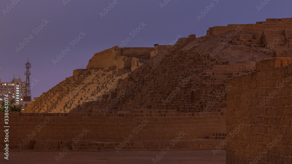 Pyramid of Huaca Pucllana day to night timelapse, pre Inca culture ceremonial building ruins in Lima, Peru Pyramid of Huaca Pucllana day to night timelapse, pre Inca culture ceremonial building ruins in Lima, Peru