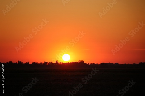 Evening nature with a picturesque sunset on a background of orange sky