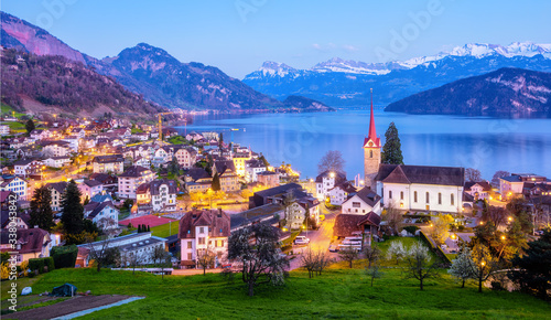 Weggis town on Lake Lucerne, Switzerland, night view photo