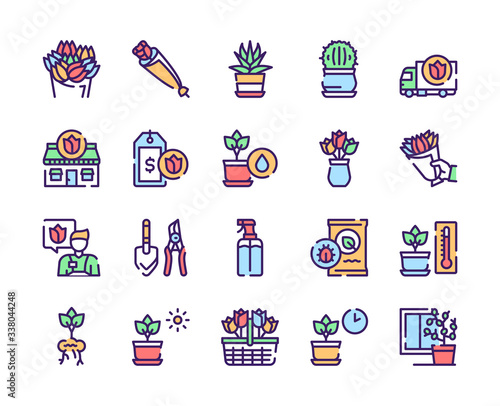 Flowers symbols color linear vector icon set