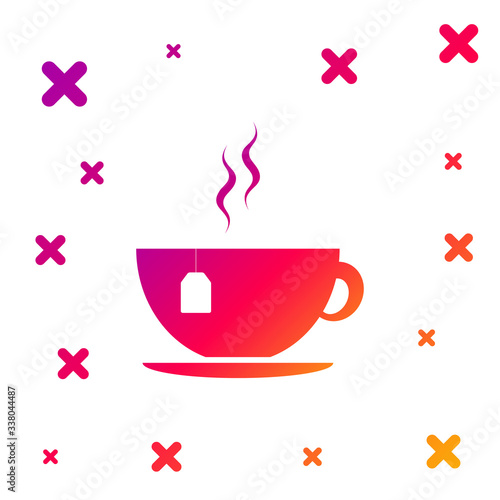 Color Cup with tea bag icon isolated on white background. Gradient random dynamic shapes. Vector Illustration