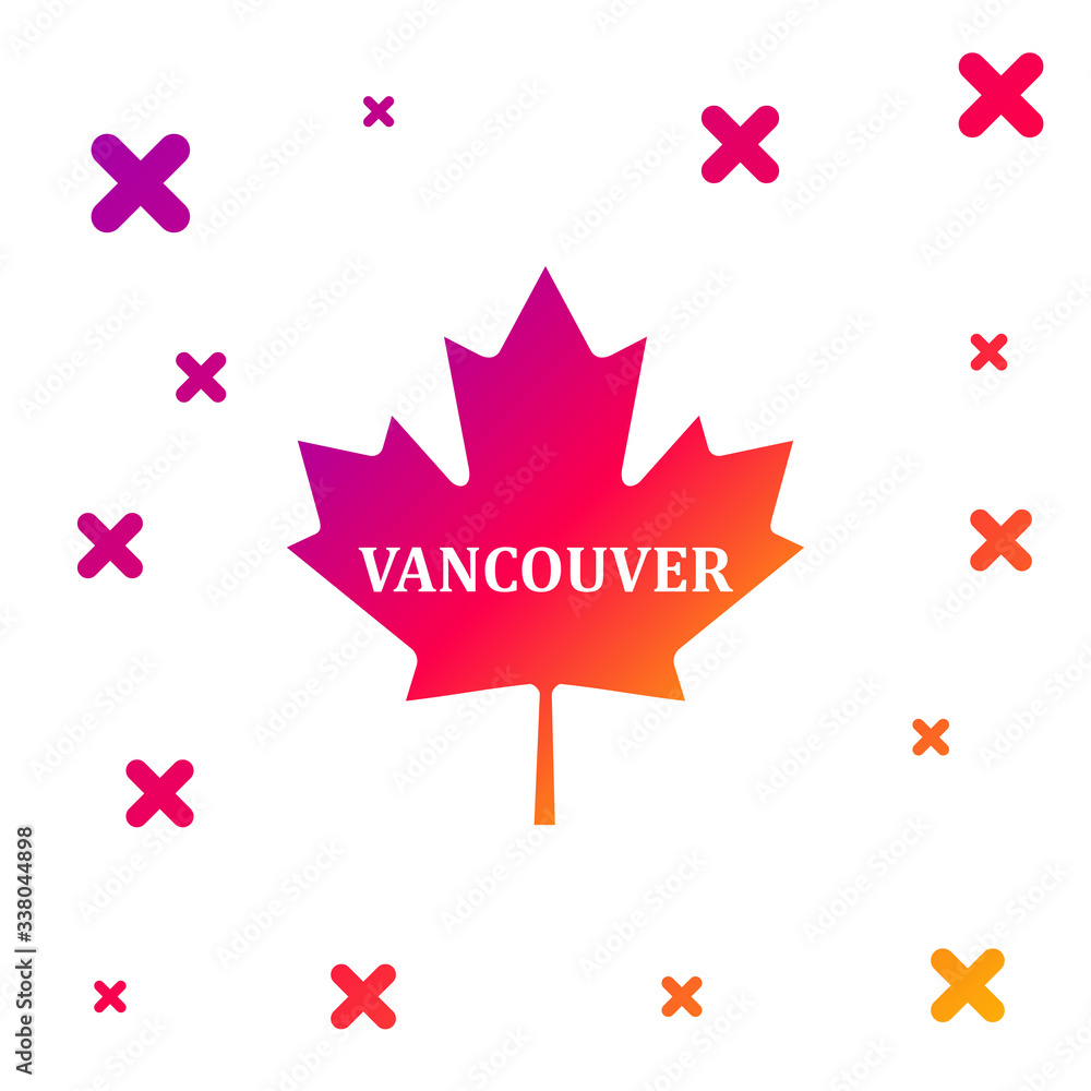 Color Canadian maple leaf with city name Vancouver icon isolated on white background. Gradient random dynamic shapes. Vector Illustration Color Canadian maple leaf with city name Vancouver icon isolated on white background. Gradient random dynamic shapes. Vector Illustration