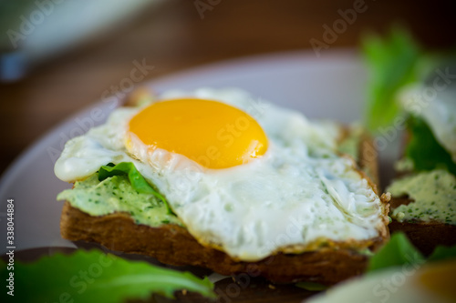 fried toast with cheese spread of arugula and fried egg in a plate