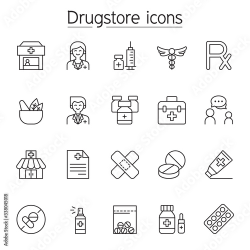 Pharmacy icon set. Included the icons as drug, pills, capsule, herbal medicines, pharmacist, drugstore and more