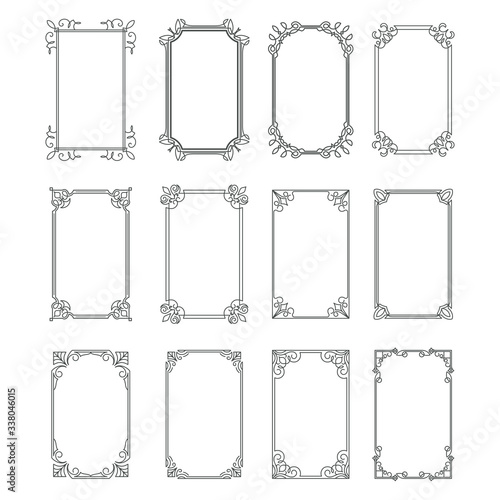 Set of vintage rectangular ornate ornaments. Retro decorative frames. Wedding frames. Vector illustration.