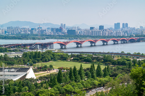Photography Han River railway bridge and the landscape of nature and city view, in Seoul, So