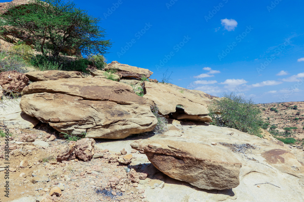 Laas Geel, Somaliland - November 10, 2019: Panoramic View from the Las Geel Caves to the Around Valley