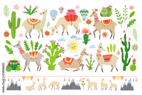 Colorful Lama set in cartoon style isolated