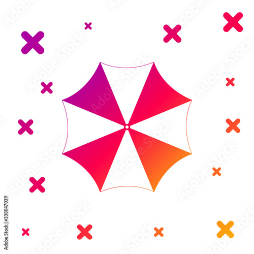 Color Sun protective umbrella fo beach icon on white background. Large parasol for outdoor space. Beach umbrella. Summer vacation or picnic accessory. Gradient dynamic shapes. Vector Illustration