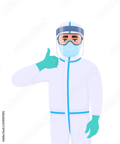 Doctor in protective suit showing thumbs up gesture sign. Medical staff wearing face shield, gloves and gesturing hand. Physician covering full body. Corona virus epidemic. Vector cartoon illustration