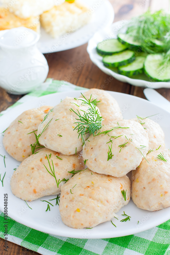Oven baked chicken diet cutlets, selective focus Oven baked chicken diet cutlets, selective focus