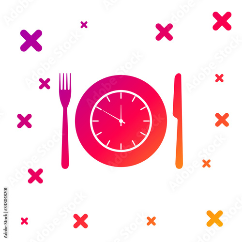 Color Plate with clock, fork and knife icon isolated on white background. Lunch time. Eating, nutrition regime, meal time and diet concept. Gradient random dynamic shapes. Vector Illustration