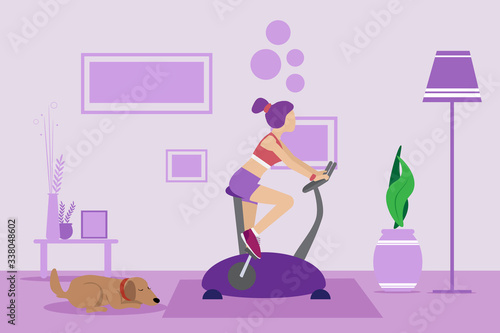 Sport girl on an exercise bike at home in the living room. Training apparatus for legs. Woman on a stationary bike. Keep calm during quarantine concept, vector illustration and copy space
