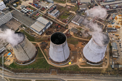 industrial panoramic landscape with chimneys filmed from a drone