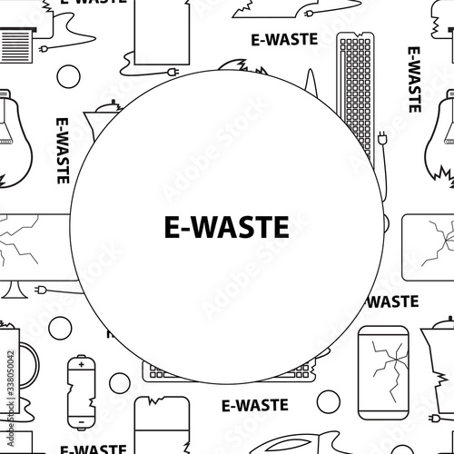 Template for text. Line style icon collection - black and white e-waste elements. Electrical waste symbols collection -  computer; phone; kettle; printer; monitor; broken glass; iron, battery, keyboar